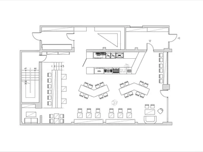 餐廳廚房的詳細2D建築平面圖，展示工作站與儲藏區域。