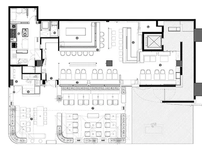 Detailed 2D technical architectural drawing of a modern restaurant layout with booths, dining areas, private dining, yakitori