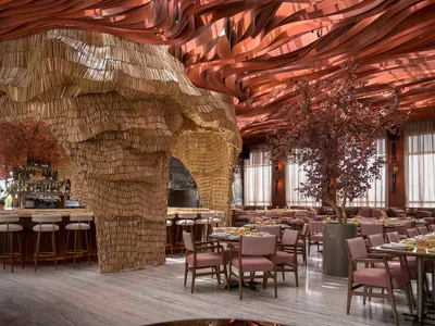A contemporary restaurant interior featuring a wave-like, wood-textured ceiling and a bar area with stools.