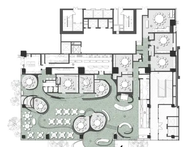 餐廳的2D建築平面圖，包含多個用餐區域與廚房區塊。