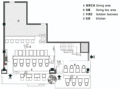 一張詳細的餐廳室內2D建築圖，展示用餐區、廚房及戶外座位區。