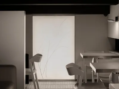 簡約風格的餐廳室內，搭配木質家具與大型窗戶。