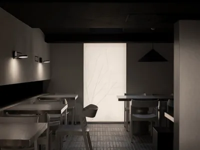 A modern restaurant interior with wooden tables and concrete walls.