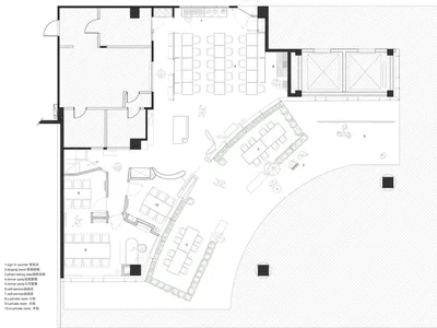 餐廳詳細建築平面圖，展示多種座位安排與功能分區。