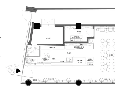 2D architectural drawing of a modern restaurant interior with mixed materials and contemporary design.