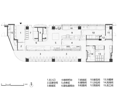 烘焙咖啡廳平面圖，展示各功能區域與設備配置位置。