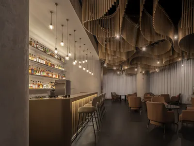 Modern industrial lounge bar with wooden decor and hanging lights