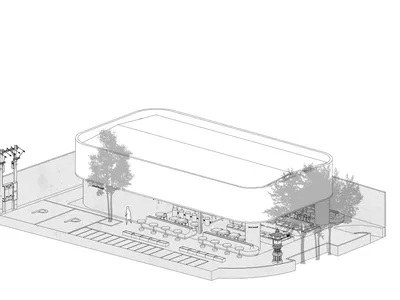 A modern restaurant exterior with a steel and glass facade.