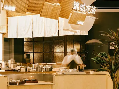 Modern restaurant interior with wooden accents and green plants