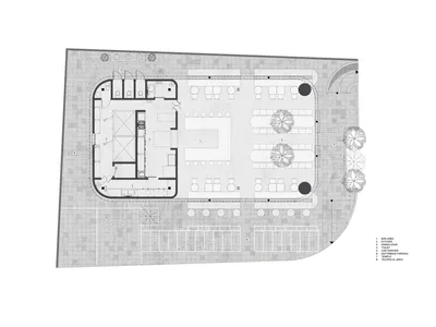 餐廳室內的詳細2D建築圖，包含混凝土地板平面、用餐區、吧台區與廚