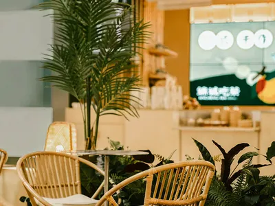 A cozy cafe interior with bamboo woven furniture, green plants, and a warm aesthetic.