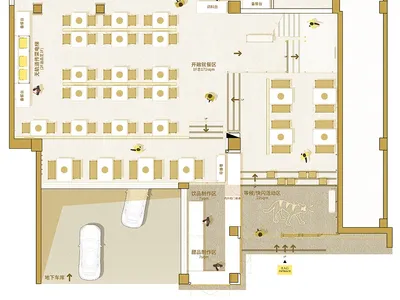 Detailed floor plan of a cafeteria/canteen, showing tables, chairs, and various functional zones.