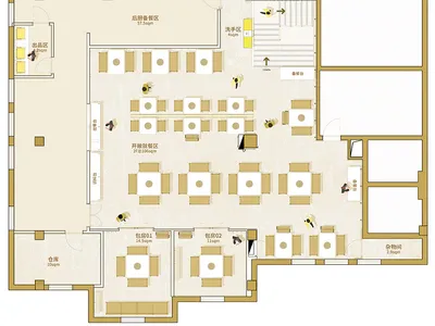 餐廳室內平面圖，展示餐桌、座椅及各功能區域。
