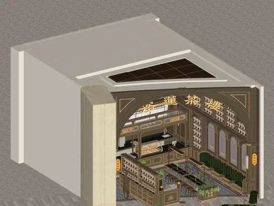 3D rendered image of a cafe interior with wood, glass, and metal materials.