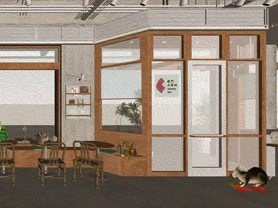 A cozy cafe interior with wooden furniture and a person sitting at a table.