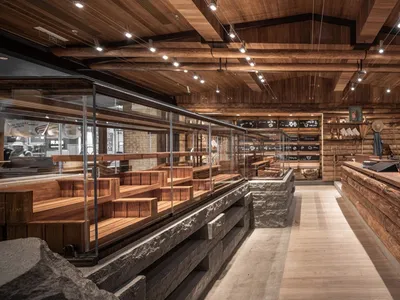 Modern industrial restaurant interior with wooden tables and chairs