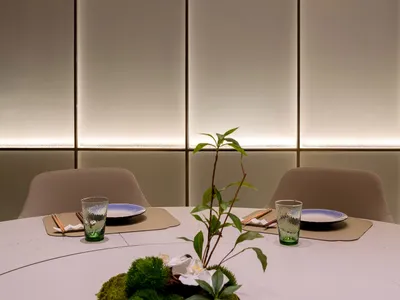 A well-dressed table setting in a modern restaurant, featuring minimalist design elements and a green plant centerpiece.