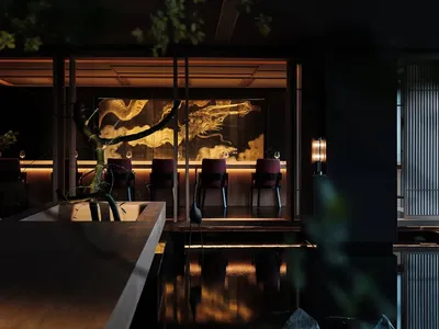 Modern restaurant interior with dark lighting, wooden table, marble floor, and glass walls.