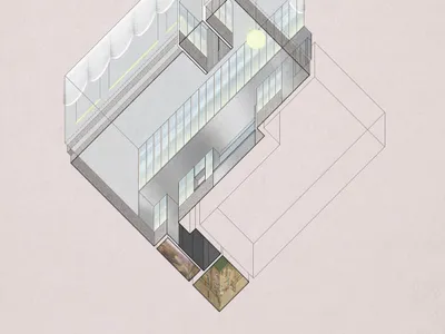 Isometric view of a modern interior design featuring glass and steel materials.