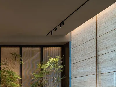 Modern dining room with textured wooden walls and plants.