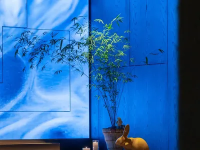 A sleek, modern restaurant bar featuring a concrete countertop and stylish seating arrangements with a central plant display