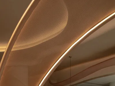 A modern restaurant interior with woven lighting fixtures and concrete elements.