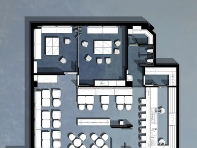 A black and white floor plan of an industrial-style restaurant with various seating arrangements.