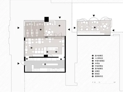 一張詳細的2D建築圖，展示緊湊餐廳室內的各個用餐區域與功能分區