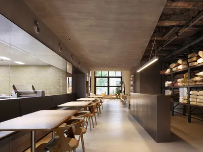 Interior design of a modern restaurant bar with concrete walls and wooden tables and chairs.