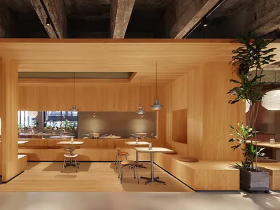 現代餐廳室內，木質牆面搭配拋光混凝土地板。