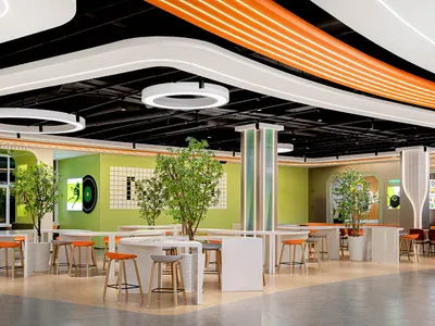 A modern restaurant interior with neon lights, green walls, and white tables