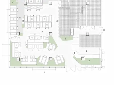 一張詳細的餐廳平面 2D 建築圖，採用中性色系。