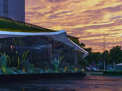 A modern restaurant exterior with glass front and green roof garden at sunset.