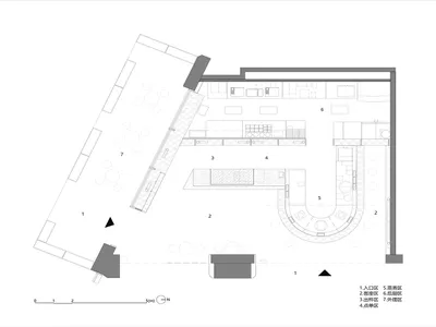 A detailed 2D architectural drawing of a modern restaurant interior featuring wood, concrete, and metal materials.