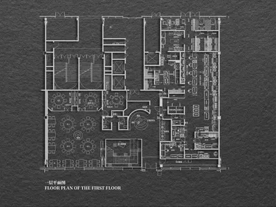 2D architectural drawing of an industrial-themed restaurant layout with concrete, metal, and glass materials.