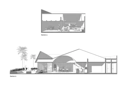 Sectional views of a modern restaurant interior illustrating design features and spatial layout.