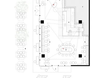 2D architectural plan of a cafe lounge layout showing various seating arrangements and functional zones.
