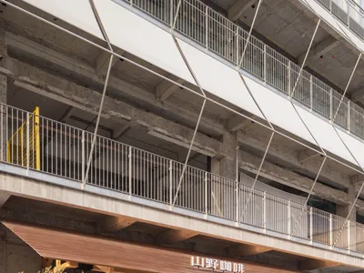 Concrete restaurant exterior with modern design elements