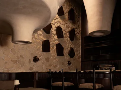 Modern restaurant bar interior with rustic wood elements