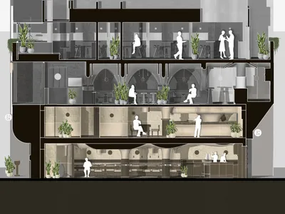 A cross-sectional view of a modern restaurant interior, featuring various seating arrangements, plants, and counter spaces.