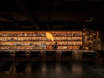 An image of a modern bar interior with a well-stocked bar, dim lighting, and seating.