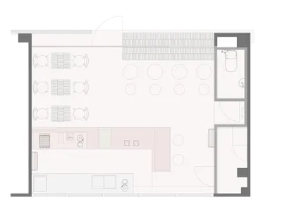 極簡風格的餐廳平面配置，搭配圓桌與長椅，採用中性色調，並擁有寬敞開放的用餐空間。