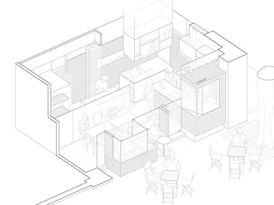 A detailed 2D floor plan of a modern cafe interior with metal, steel, and concrete materials.