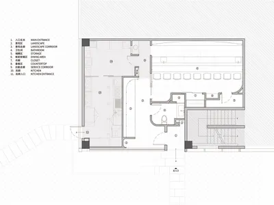 Modern restaurant's interior design, showcasing spacious dining area with tables and chairs, kitchen, storage, and service ar