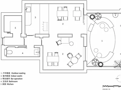 Detailed floor plan of a modern restaurant interior with outdoor seating, indoor seating, bar operation, bathroom, and kitche