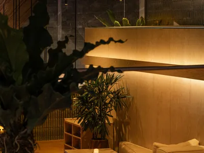 Modern restaurant interior with wooden furniture, potted plants, and warm lighting.