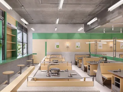 A modern, industrial-style restaurant interior with minimalist furniture and exposed concrete ceiling.