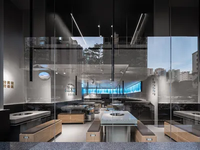 Contemporary restaurant interior with industrial design elements
