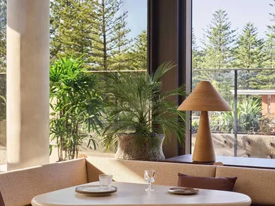 A modern restaurant interior with natural light, comfortable seating, and greenery.