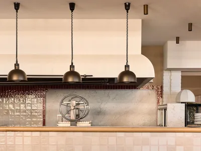 Modern cafe bar interior with ceramic tile wall